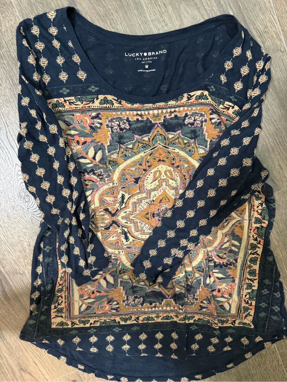 Lucky Brand Navy Bohemian Medallion Long Sleeve Top -Medium
